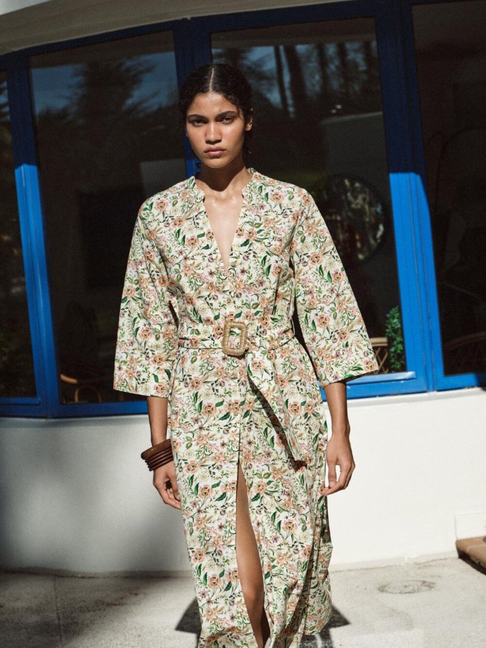 Zara Printed Midi Poplin Dress XL Organic Cotton Belted Button Front Summer NWT